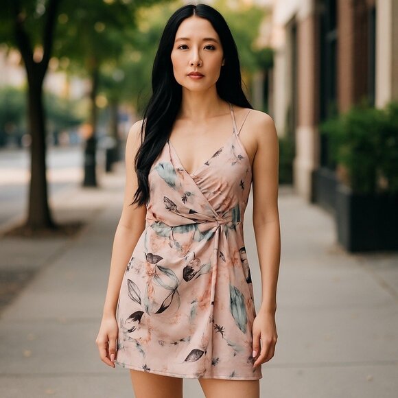 BCBGeneration Dresses & Skirts - BCBGeneration Dress Twist Wrap Mini BOHO Multi Floral Size L Faux Knot NWT